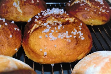 Homemade brownish yeast buns sprinkled with coarse sea salt