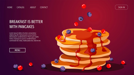 Website design for breakfast, cooking, recipes, dessert, cafe menu. Pancakes with berries and syrup. Vector illustration for poster, banner, flyer, cover, advertising, commercial.