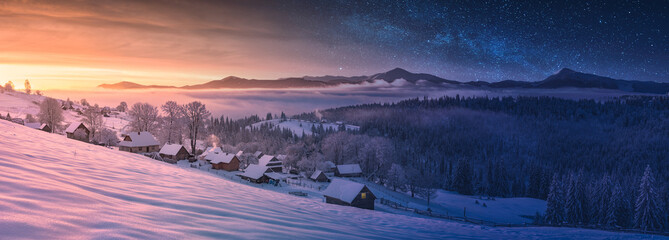Panorama of carpathian mountain village. Day and night