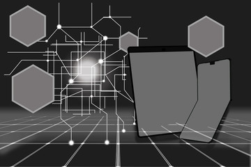 3d illustration of folding cell and tablet connecting to AI digital network UI