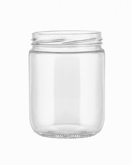 Empty glass jar without lid for food preservation. Taken from front view on white background with clipping path...