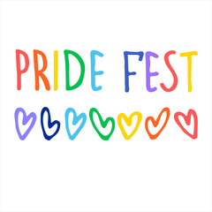 Sexual diversity celebrations logo. Hand lettering in rainbow colors and rainbow-colored hearts. Sex minorities self-affirmation concept