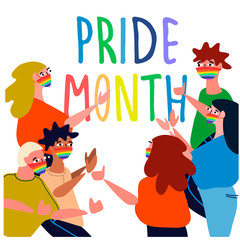 Naklejka premium Pride Month concept. Cheerful people celebrating pride parade. Vector illustration in flat style. Sex minorities self-affirmation concept.