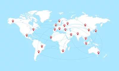 Foto op Plexiglas Wereldkaart met landsgrenzen en rode locatiewijzers. © angelmaxmixam