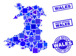 Vector mosaic Wales map. Geographic scheme in blue color tones, and textured round and rectangle seal stamps. Abstract collage of Wales map done of round, triangles, square geometric elements.