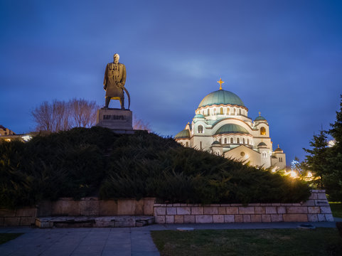Karadjordje Monument and the Church of Saint Sava or Saint Sava Temple  (Hram Svetog Save) on the Vracar plateau in Belgrade, Serbia, at night.