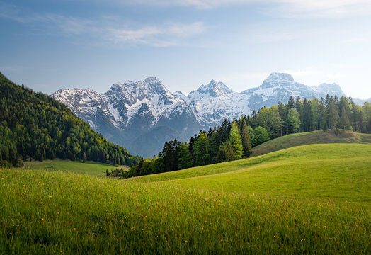 Idyllic mountain landscape with snowy mountains in the background