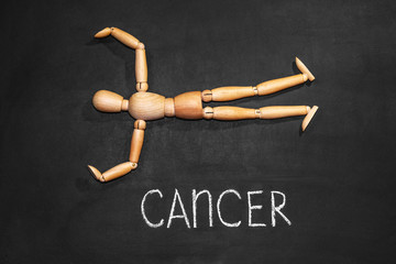 Wooden man depicts the zodiac sign Cancer on a background of chalk board