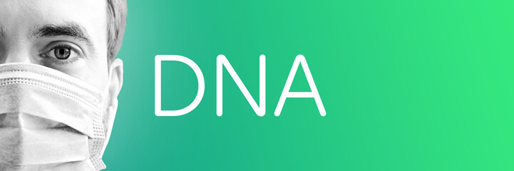 DNA. Portrait von Mann mit Mundschutz/Atemmaske. Text auf Hintergund (blau/grün). Coronavirus