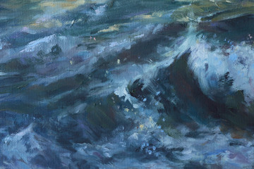 sea wave water surface with foam splash - nature scene oil painting close up with detailed canvas texture