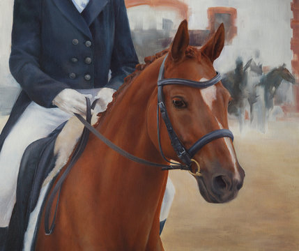 jockey riding horse during equestrian competition - oil painting with detailed canvas texture