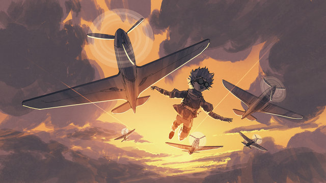 the boy flying in the sky with the planes, digital art style, illustration painting
