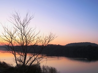 Obraz premium 日本の田舎の風景 12月 川辺の夕景グラデーション 水鏡