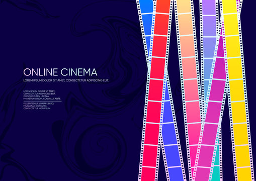 Horizontal bright cinema festival template with color films, dark textured background and text. 