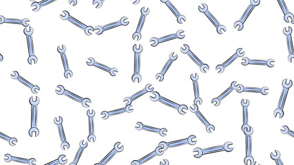 Naklejka premium Texture, seamless pattern of metal iron blue gas spanners, metalworker building repair for loosening and tightening the nuts and bolts on a white background. Vector illustration