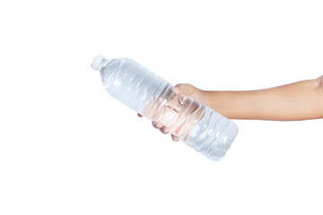 Hand holding water bottle isolated on white background.