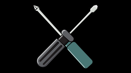 Icon from construction metal plastic black and blue flat and cross screwdrivers for repair, the tool crossed on a black background. Vector illustration