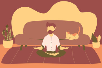 Illustrations flat design of a man sitting with his legs crossed on a floor and meditating with a cat on a sofa in livingroom.
