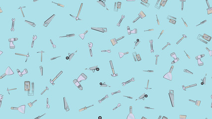 Texture, seamless pattern from a set of construction tools for repair: hammer, shovel, screwdriver, wrench, tester, brush, saw, trolley, trowel, ladder on a blue background. Vector illustration