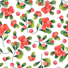 watercolor illustration, seamless pattern, branches with green leaves and various berries, wallpaper and fabric ornament, wrapping paper