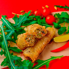 Asian food, with seafood and sauce, on a red background