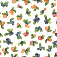 watercolor illustration, seamless pattern, branches with green leaves and various berries, wallpaper and fabric ornament, wrapping paper