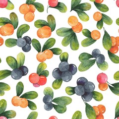 watercolor illustration, seamless pattern, branches with green leaves and various berries, wallpaper and fabric ornament, wrapping paper
