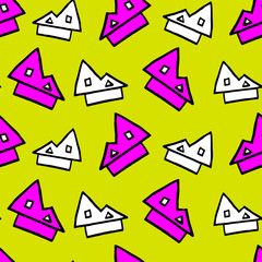 Colorful hand drawn houses in simple minimalistic style. Print with yellow and pink chaotic homes of different sizes. For decoration and design interiors and children’s goods. vector illustration