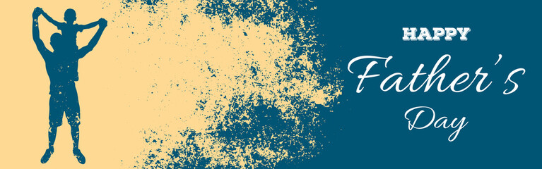 Father’s Day panoramic banner with grunge effect and silhouette of dad and son. Poster with retro iron texture. Concept with a man and a child on the shoulders. Vector illustration with copy space.