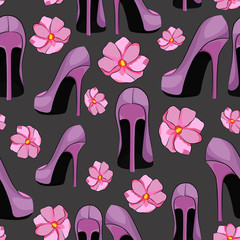 seamless pattern, pink women's shoes and flowers, wardrobe item, wallpaper and fabric ornament, wrapping paper, scrapbooking