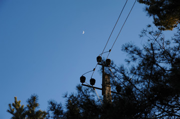 The moon in the sky over power lines