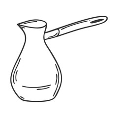Turk for coffee in Doodle style. Kitchen utensils, utensils for making coffee. Design element for packaging,menus, and recipes. Hand drawn and isolated on white. Black and white vector