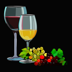 vector illustration, vine with leaves, wine glasses on dark background, greeting card
