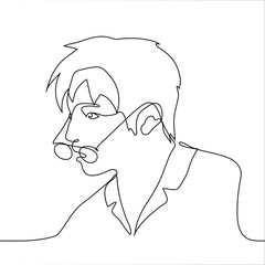 Profile of a man with glasses sleeping from his nose. One continuous line drawing portrait of a shocked man staring at something. The concept of surprise.