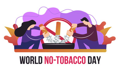 Man and woman holding a breaking cigarette for World No Tobacco Day poster. Web banner template. Stop smoking. No smoking. Vector flat illustration concept. Break up sigarette smoke. Be healthy