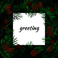 Fototapeta na wymiar vector illustration, background for different design, greetings or text, Christmas tree branches with balls, in dark green