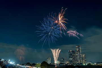 東京の夜景　多摩川の花火２０１９年１０月１４