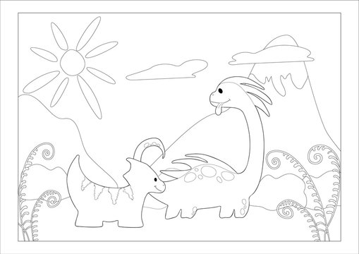 Coloring page. Two funny dinosaur in a prehistoric landscape. Friends, sun, mountains, clouds, black and white. Cartoon and vector character on background.
