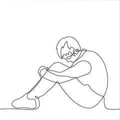 Drawing a man in full growth sitting with his hands in his lap, he lowered his head. One continuous line drawing of a man depressed, tired, sad, offended, cornered, isolated from society, lonely