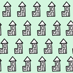 Simple doodle pint with cozy homes on blue background. White houses are located in chaotic style. Seamless pattern for design interiors and children&rsquo;s goods.Vector illustration. 
