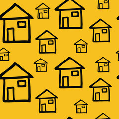 Abstract geometric monochrome houses in simple minimalistic style on orange background. Seamless print For decoration and design interiors and children&rsquo;s goods. Hand drawn vector illustration