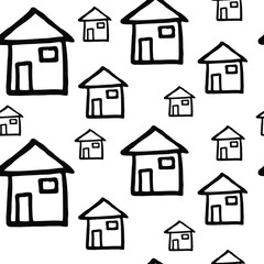 Graphic seamless print with cozy homes.Simple doodle houses in chaotic location of different sizes. Decorative pattern for design interiors and children’s goods. Vector illustration. Isolated on white