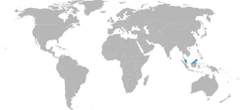 Malaysia, Taiwan countries isolated on world map. Light gray background. Business concepts, political, economic, trade and transport relations.