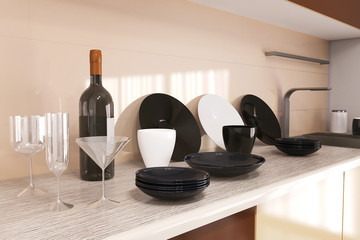 Home modern kitchen, household. A bottle of wine, wine glasses and clean dishes are on the countertop. The concept of a modern kitchen interior. 3d render.