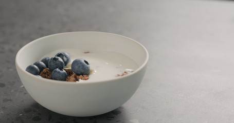 ripe blueberries and chocolate granola in white bowl on terrazzo surface