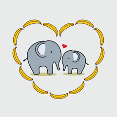 Elephant with banana heart. Happy Mother's day , Happy Father' days. Vector illustration