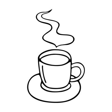 Large mug of coffee or cocoa on a saucer hand-drawn. Vector doodle illustration black outline on a white background