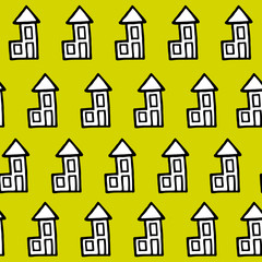 Simple doodle pint with cozy white homes on yellow background. Hand drawn houses are located in chaotic style. Seamless pattern for design interiors and children’s goods.Vector illustration.