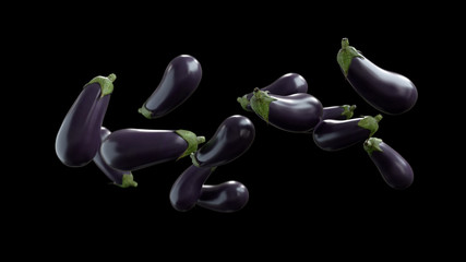 Eggplant tossed up hanging in air on black background.