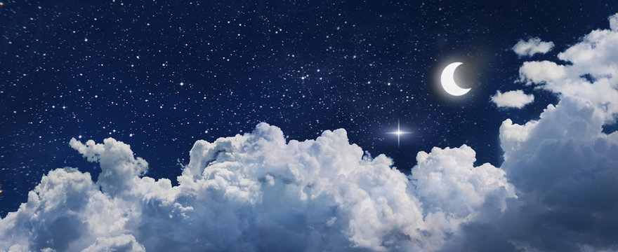night sky background with stars, moon and clouds